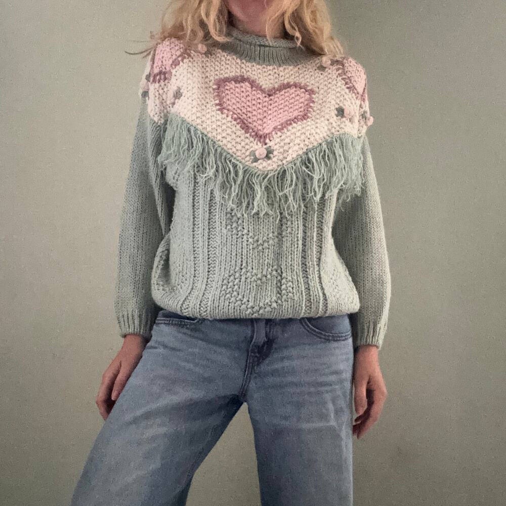 Vintage 80s Maggie Lawrence Heart Fringe Mock Neck Sweater Green Pink Size 14/16